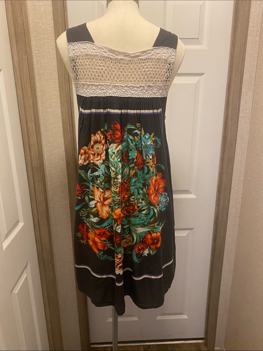 Free People Black Dress with Cream Crochet Trim and Purple Stripe - Picture 4 of 4